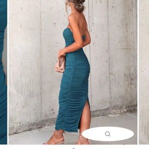 VICI Top Of The World Ruched Strapless Maxi Dress - Dark Teal